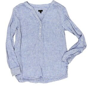 Talbots Womens Blue White Stripe Linen Blend Henley Tunic Shirt Size S